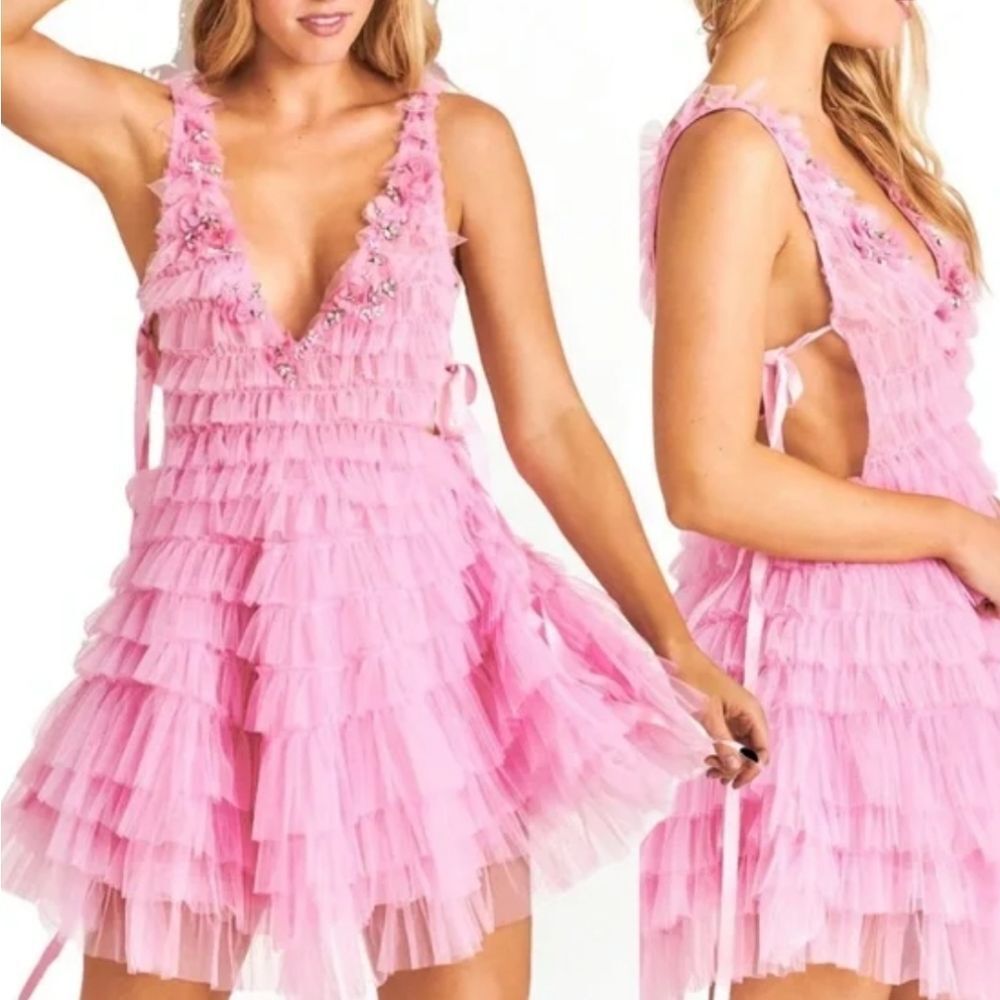 LoveShackFancy Pink Sleeveless v-Neckline Minya Mini Dress Size 4